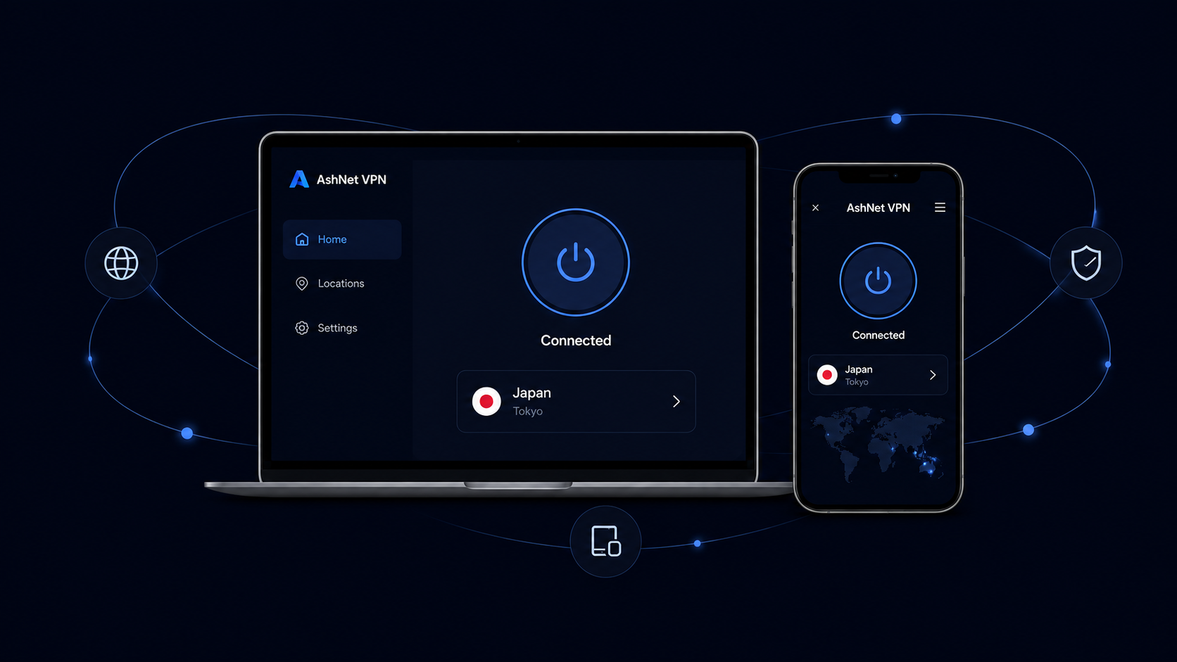 AshNet VPN running on laptop and phone
